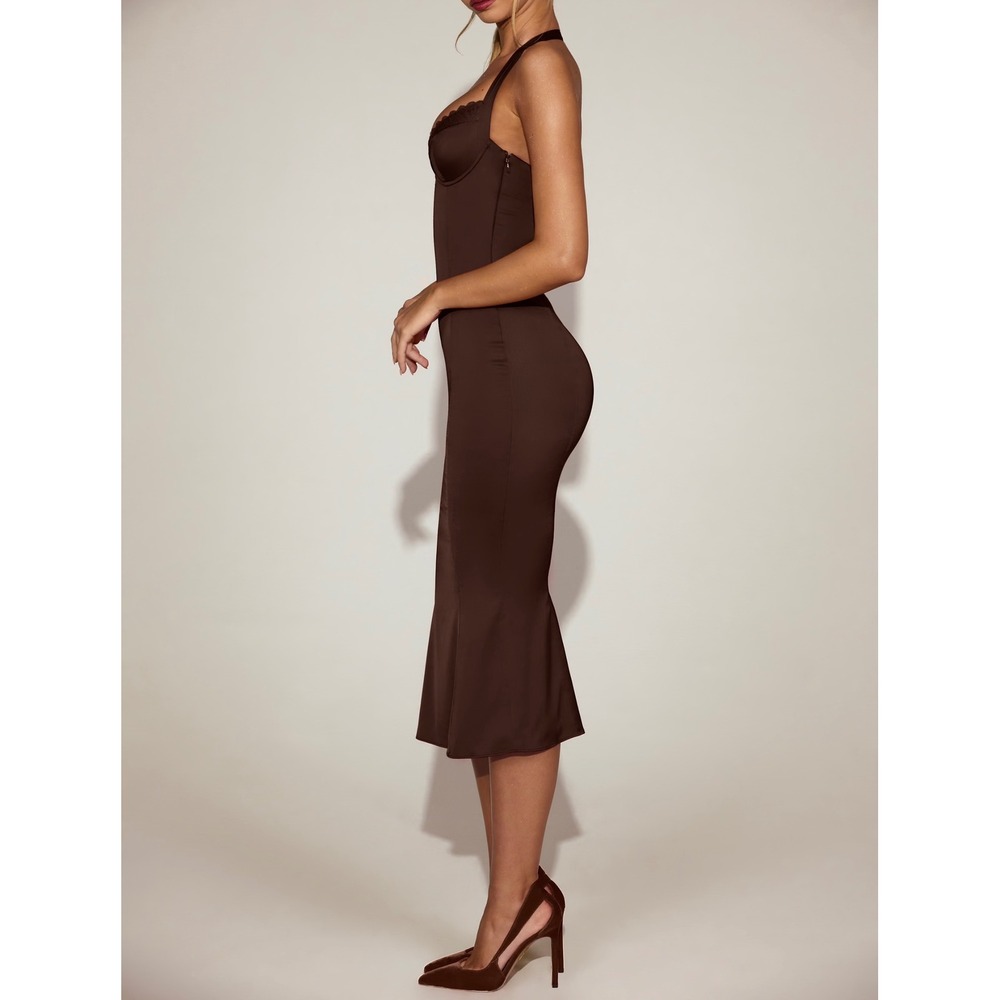 Oh Polly Chocolate Brown Underwire Lace Halter Mermaid Midi Dress US 6 New - Picture 4 of 10